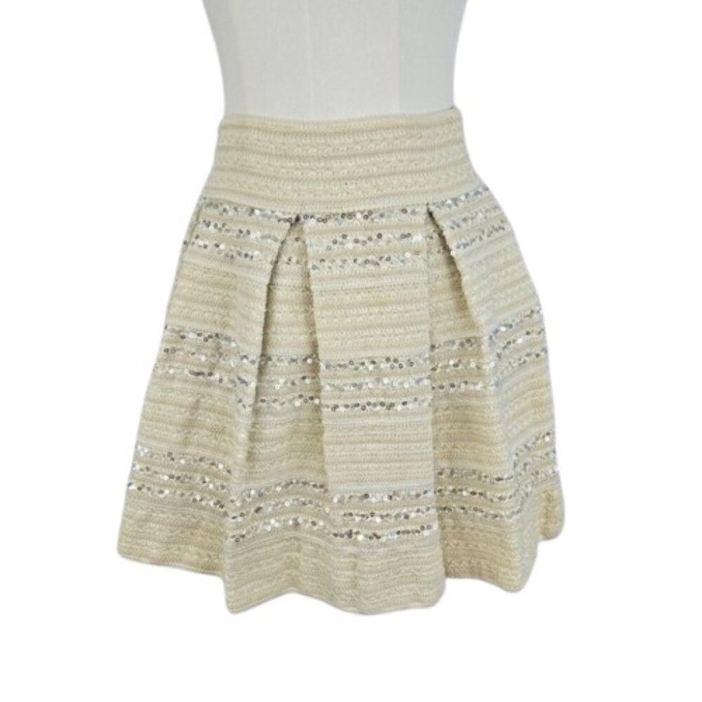 Women’s Textured Pleated A Line Mini Skirt Sequin Detail Cream Size S